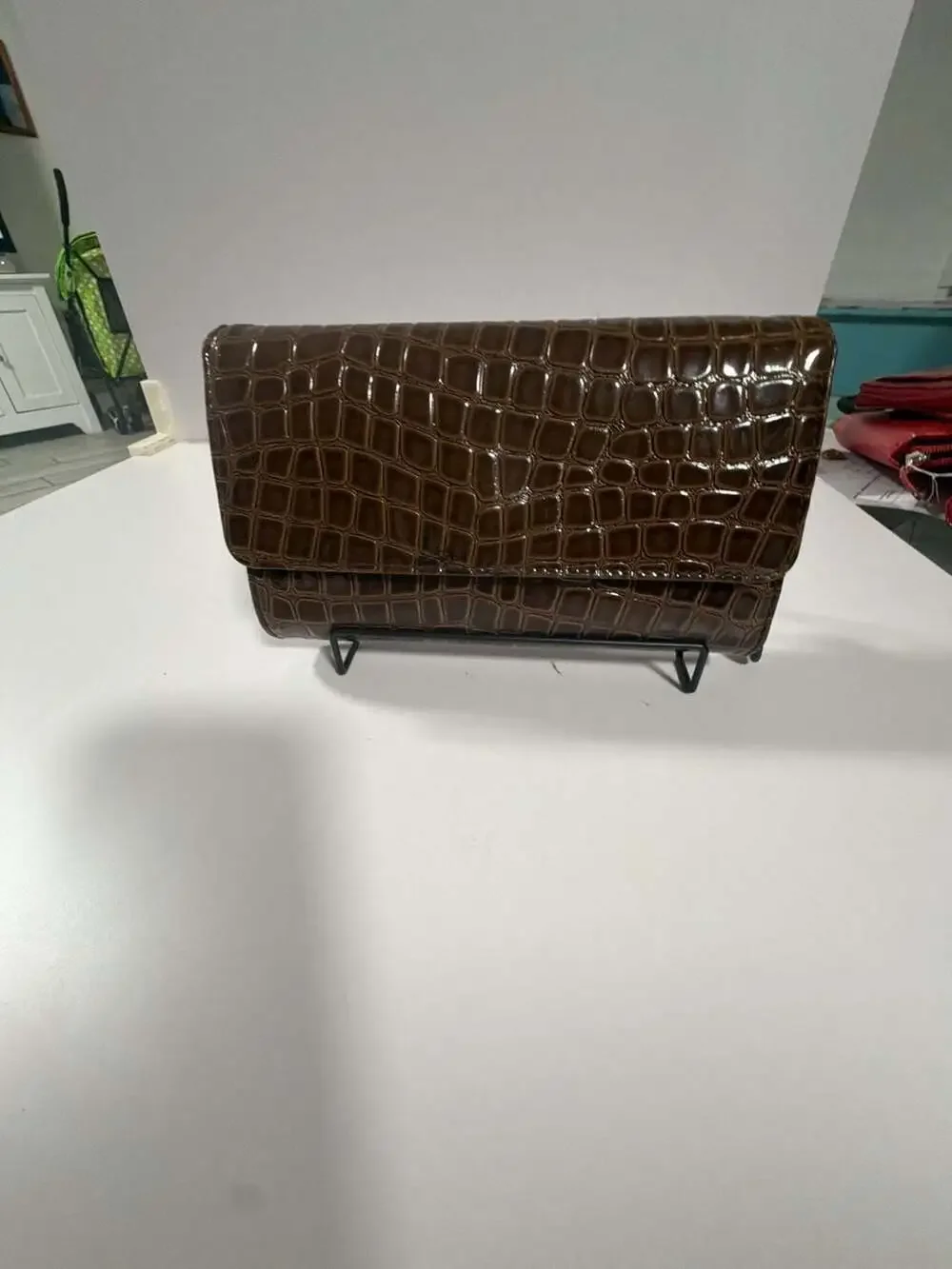Kelly & Katie Brown Faux Crocodile Embossed Fold-Over Clutch Wallet with Interio